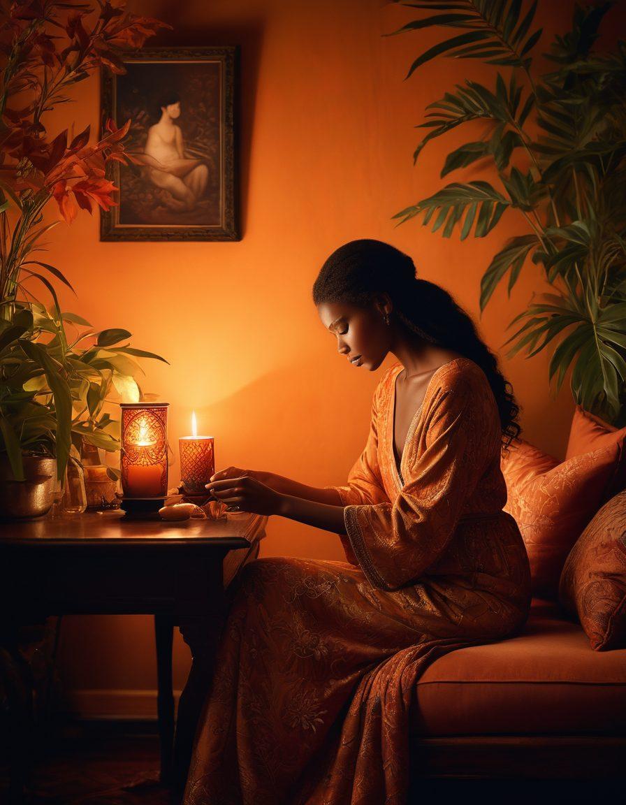 A stylized depiction of a lush, intimate setting with soft candlelight and rich textiles, emphasizing the allure of natural beauty. Include artistic silhouettes of diverse models celebrating sensuality and self-expression in a tasteful manner. Use warm, inviting colors and intricate patterns to enhance the mood of intimacy and exploration. painterly. vibrant colors. soft focus.